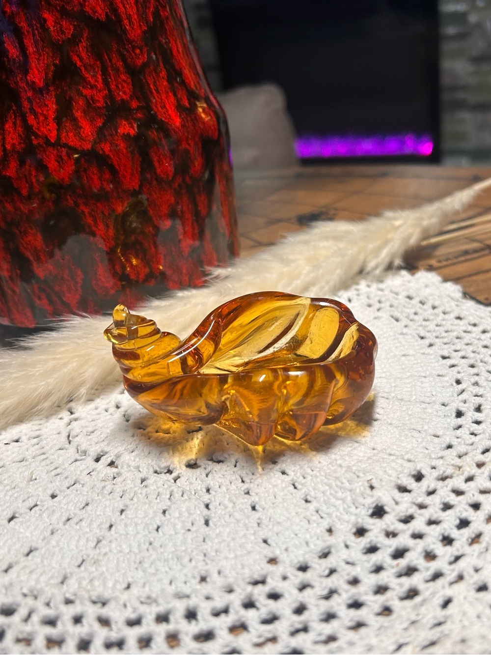 Vintage Amber Art Glass Conch Shell Trinket Dish | Mini MCM Seashell Catchall